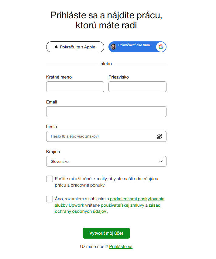 Vytvorte si účet na platforme Upwork Prvý krok vytváranie účtu na platforme Upwork.